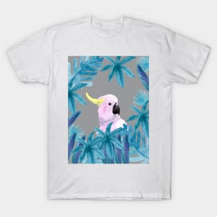 Cockatoo with tropical leaves in watercolor and an ultimate gray background T-Shirt